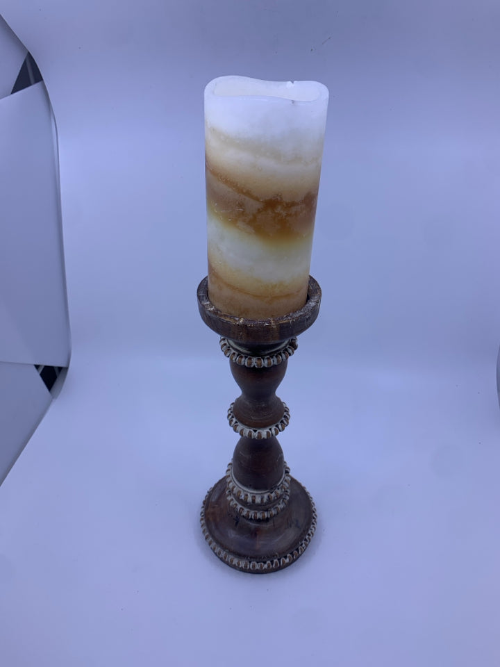 WOOD BEADED CANDLE HOLDER W/ BATTERY CANDLE.