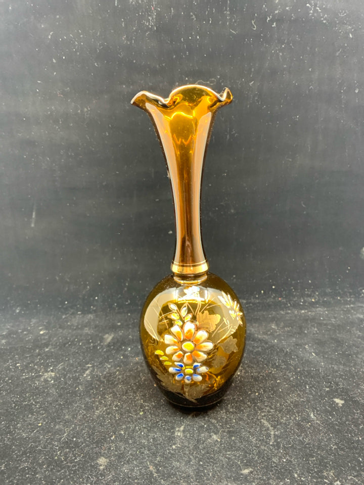 VTG BROWN GLASS PAINTED VASE.