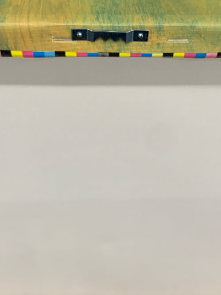 BLUE ABSTRACT CANVAS W/BLACK AND YELLOW.