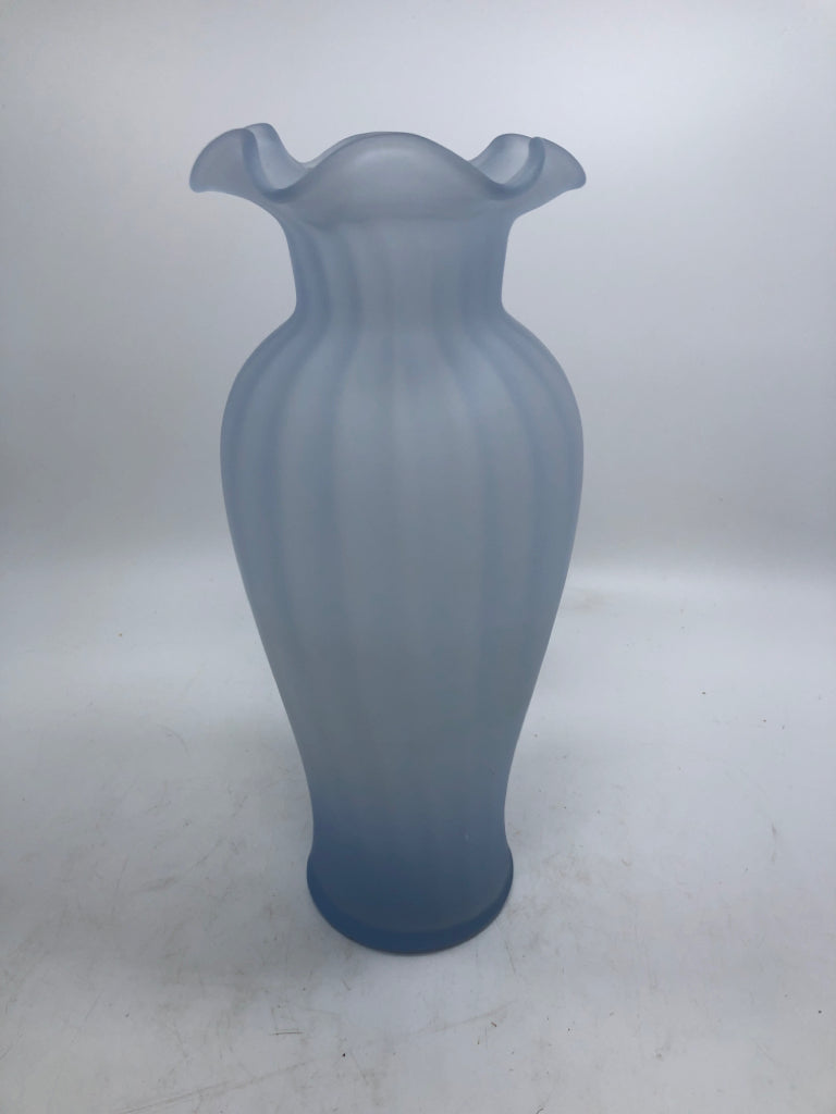 FROSTED BLUE TINT VASE W/RUFFLED RIM.