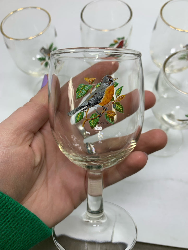 6 SMALL CORDIAL GLASSES W/ PRINTED NEW ENGLAND BIRDS.