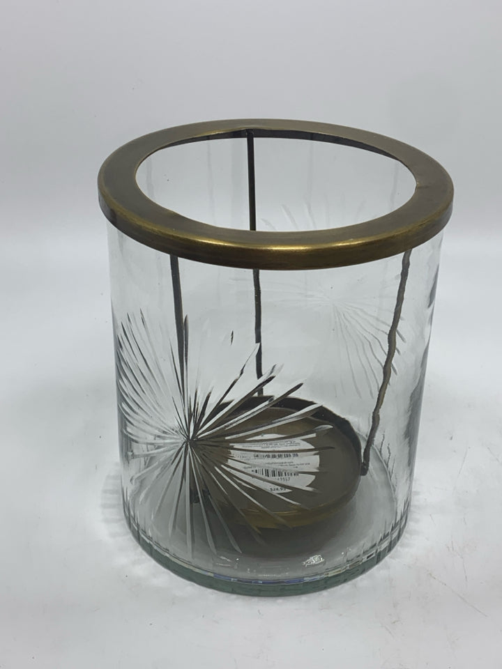 ETCHED GLASS HURRICANE CANDLE HOLDER W/BRASS RIM.