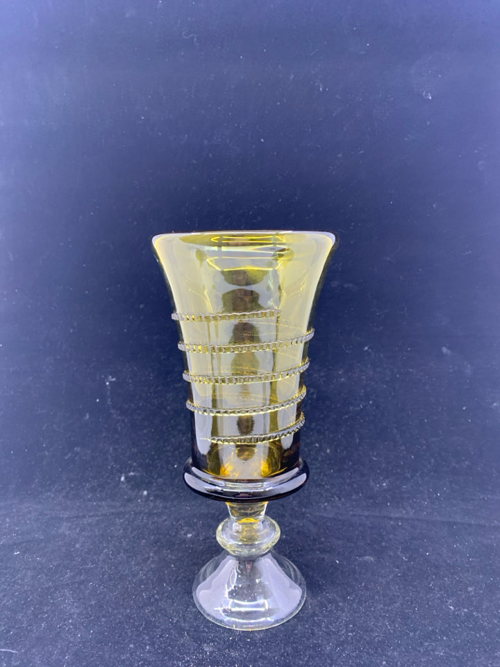 CLEAR FOOTED DARK YELLOW GLASS VASE/ CANDLE HOLDER.