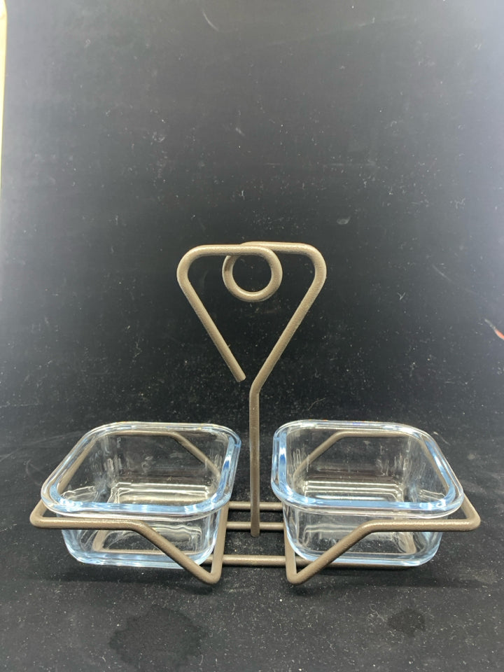 2 DIP BOWLS IN METAL HOLDER.