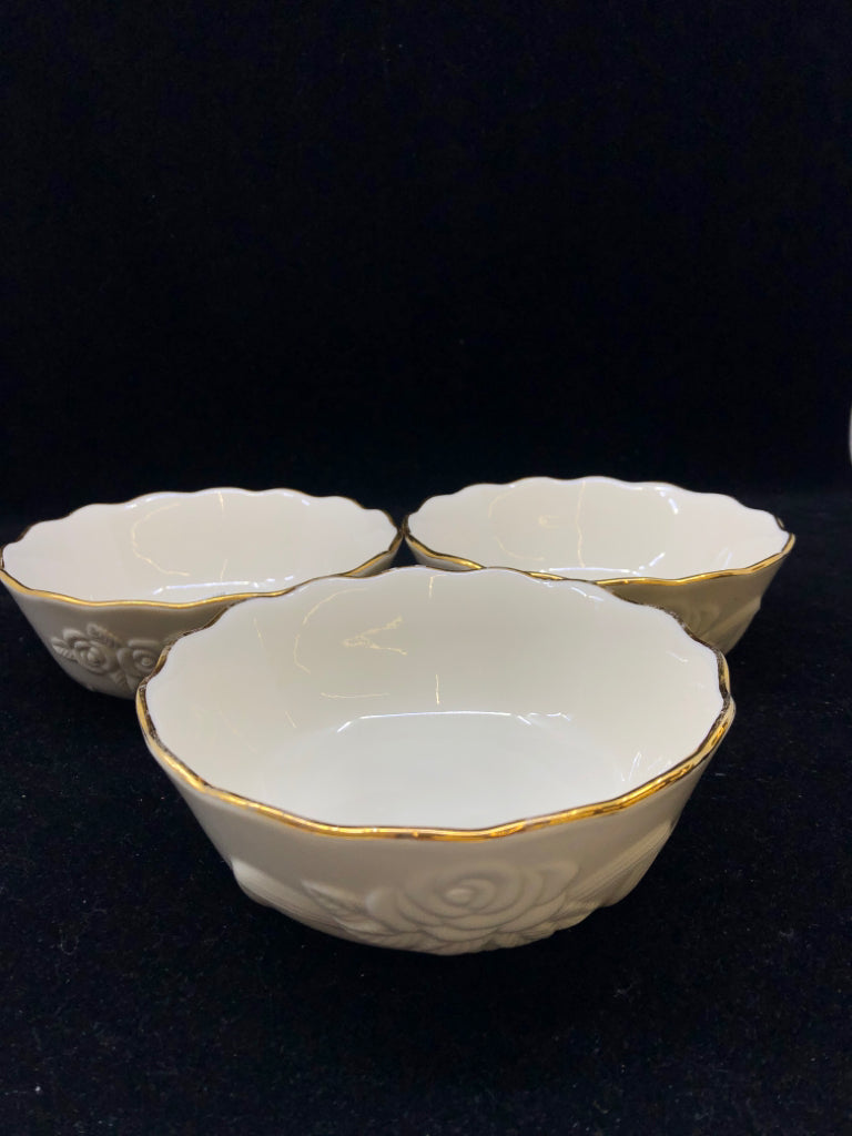 3 CREAM GOLD TRIM LENNOX BOWLS.