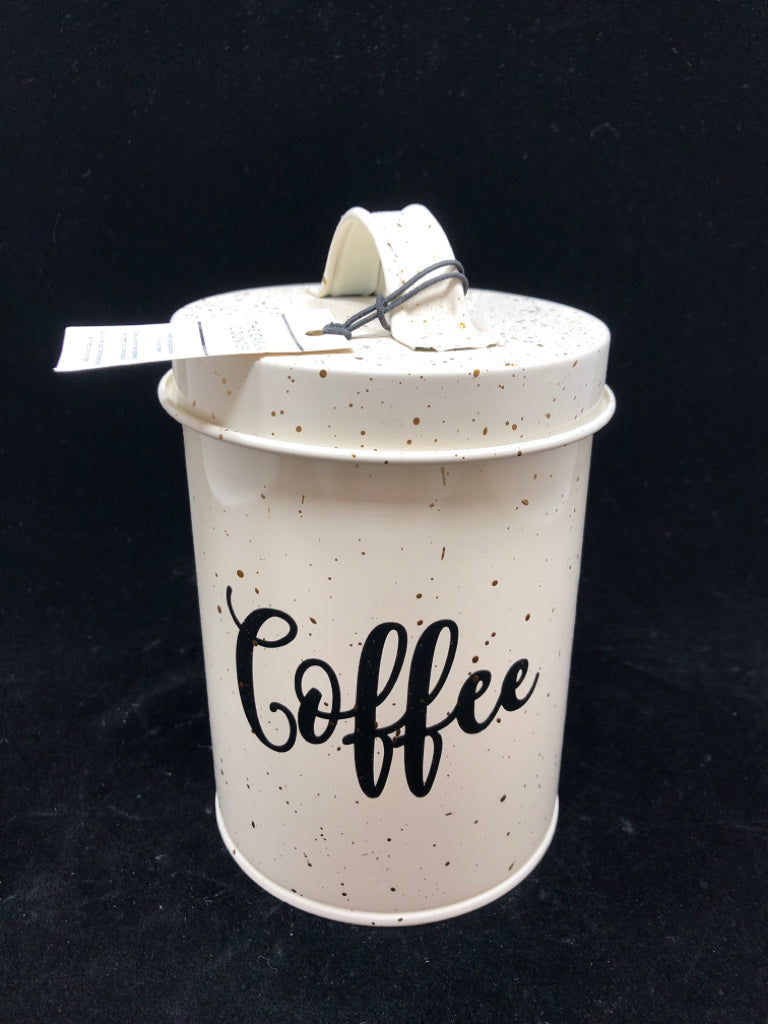 NWT "COFFEE" SPLATTER-DESIGN METAL CANISTER.