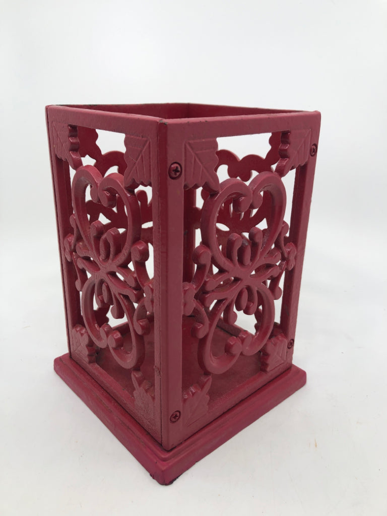 HEAVY IRON RED PAINTED SQUARE CANDLE HOLDER SCROLL DESIGN.