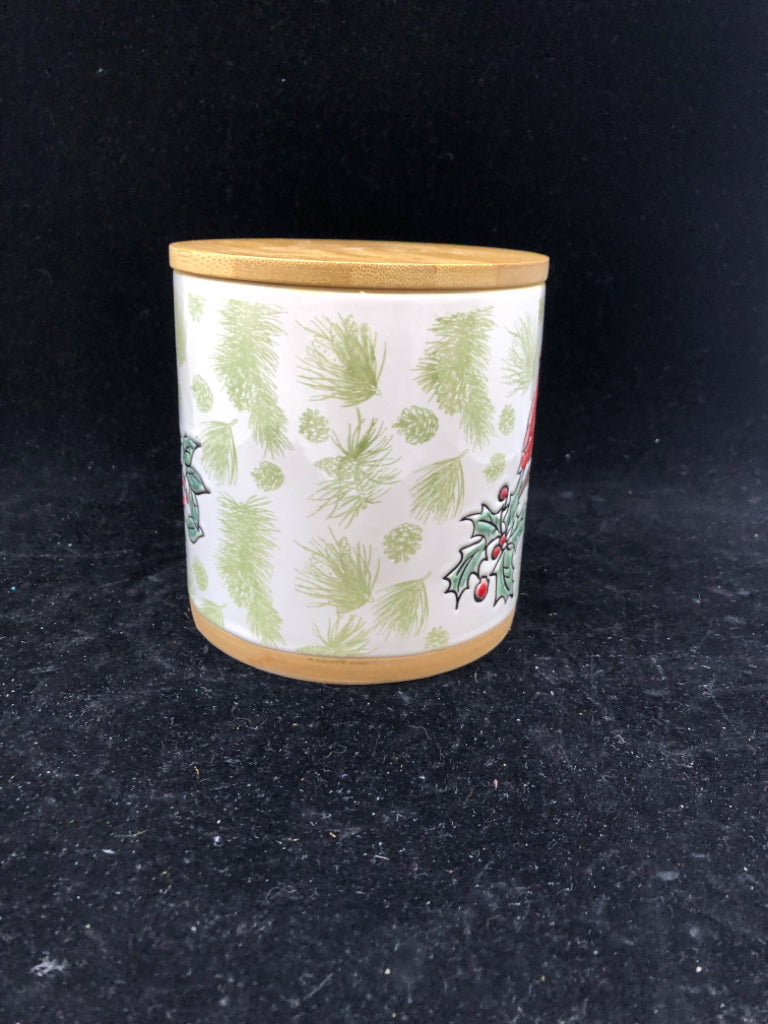 CARDINAL CANISTER W WOOD LID.