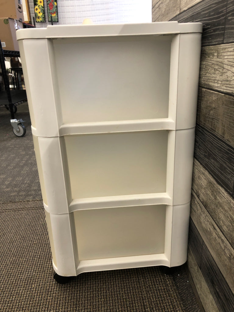 NARROW 3 DRAWER WHITE STORAGE CART.