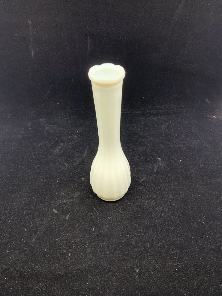 MILK GLASS VASE RIBBED W/ LONG NECK.