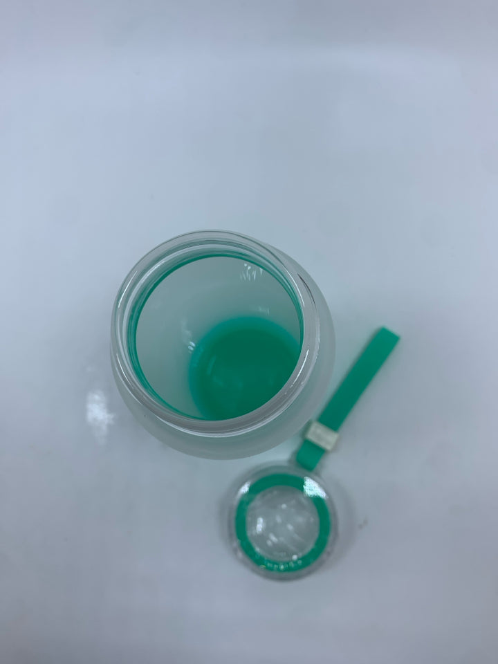 NIB FROSTED TEAL GLASS TRAVEL CUP.