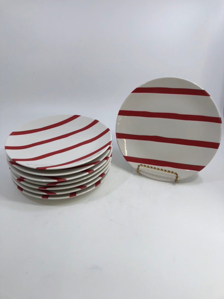 8 RED/WHITE STRIPE DESSERT PLATES.