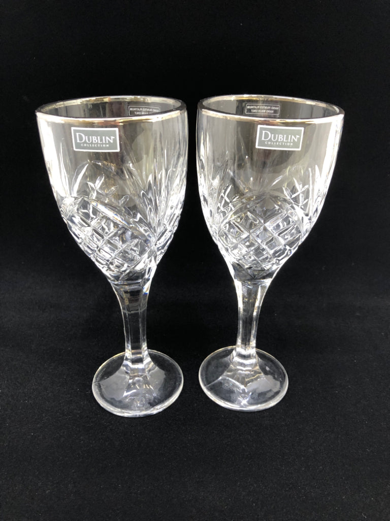 2 DIAMOND CUT CRYSTAL DUBLIN GOBLET W/PLATINUM RIM.
