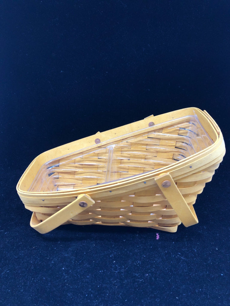 2002 SLANTED BASKET W DIVIDED PLASTIC LINER AND DOUBLE HANDLES.
