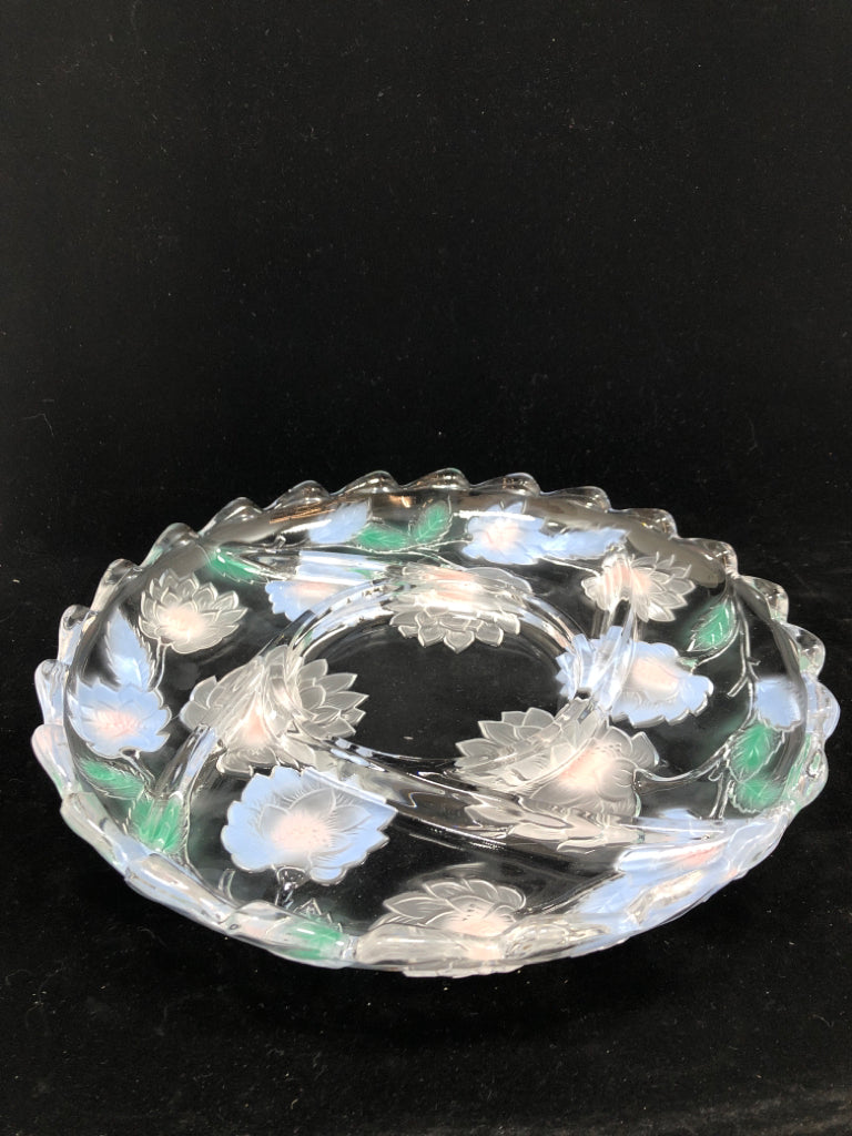 COLORED FLORAL DIVIDED GLASS PLATTER.