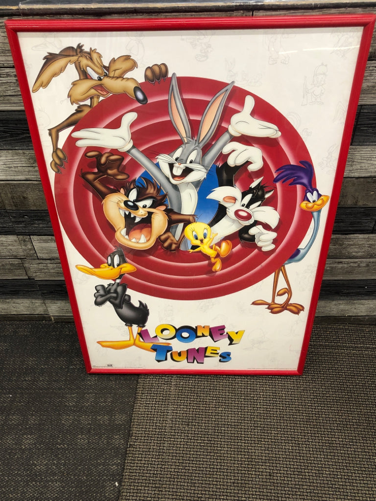 VTG LOONY TUNES FRAME POSTER IN RED FRAME.