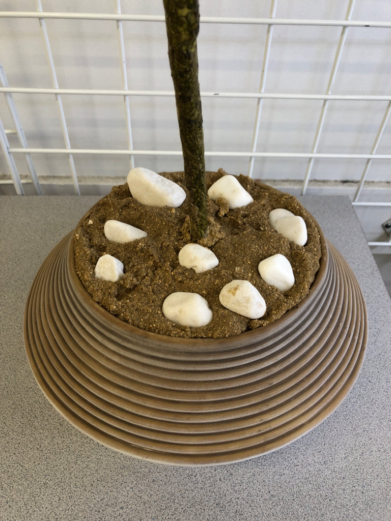 FAUX OLIVE TREE IN RIBBED CERAMIC PLANTER.