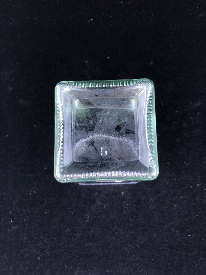 THICK GREEN TINT GLASS SQUARE SHAPED VASE.