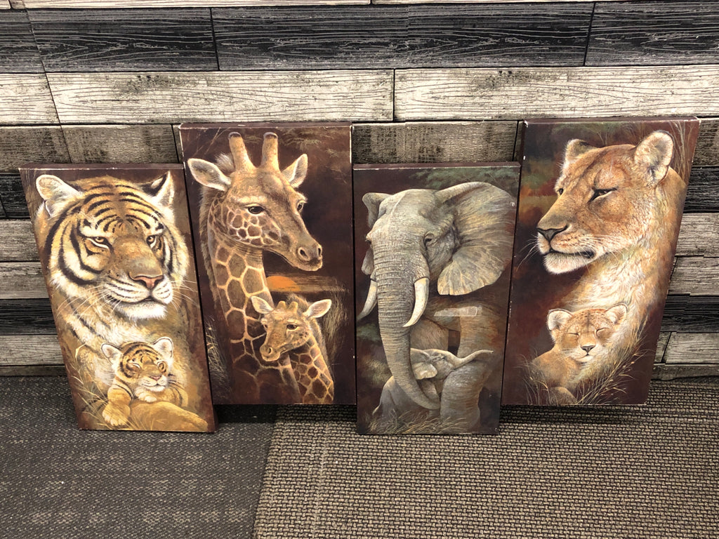 4 CANVAS WALL HANGING-LION, ELEPHANT, GIRAFFE & TIGER.