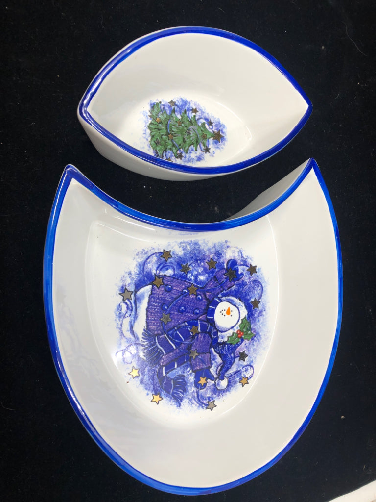 2 PC OVAL BLUE SNOWMAN CHIP & DIP SERVING SET.