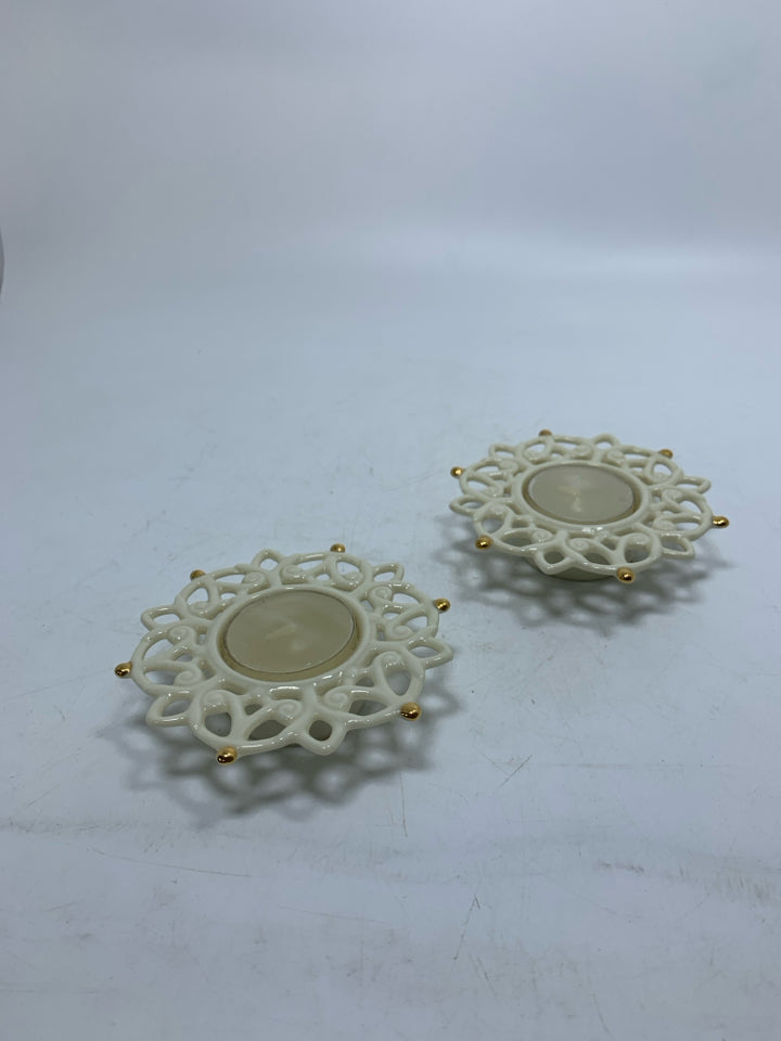 2 "SHINE" SNOW LIGHTS TEALIGHT CANDLE HOLDERS W/ CANDLES.