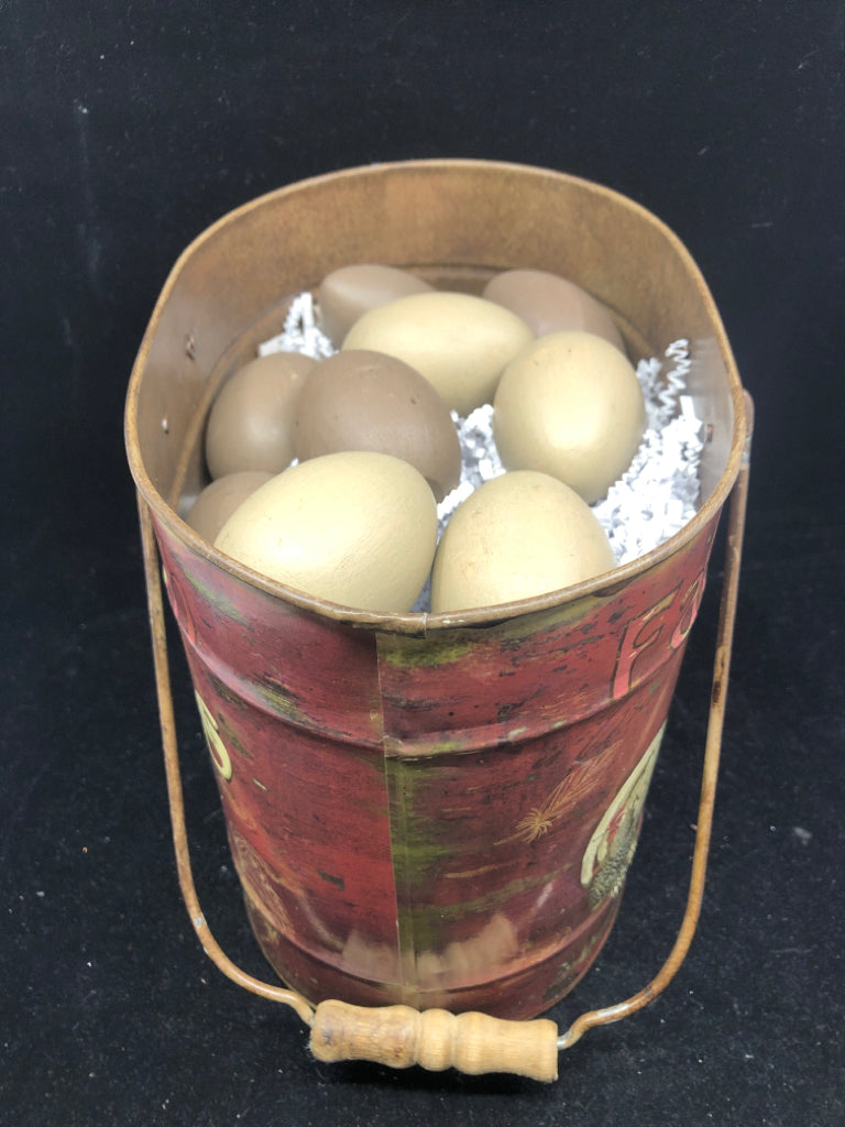 RED METAL ROOSTER BUCKET W FAUX EGGS.