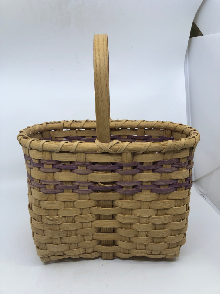 HANDMADE WOVEN DIVIDED BASKET W PURPLE ACCENT.