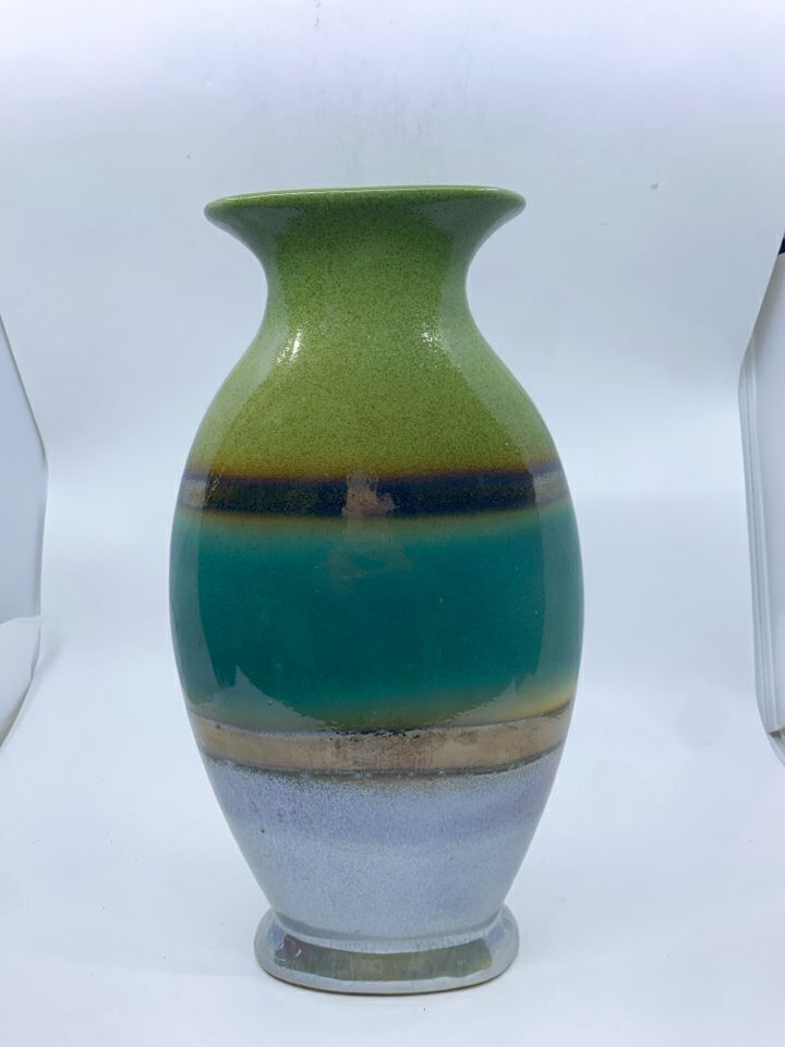 GREEN W TEAL STRIPE WIDE VASE.