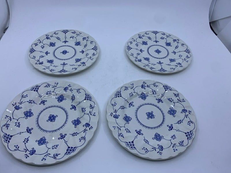 4 FINLANDIA WHITE + BLUE FLORAL DESIGN PLATES *MADE IN ENGLAND.