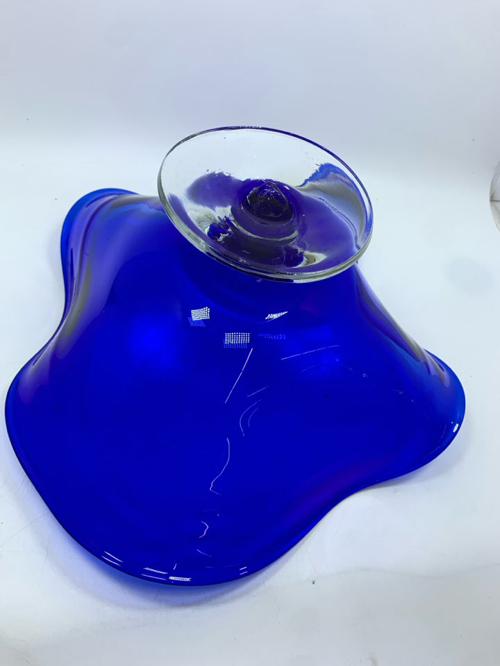 BLUE WAVY GLASS PEDESTAL BOWL.