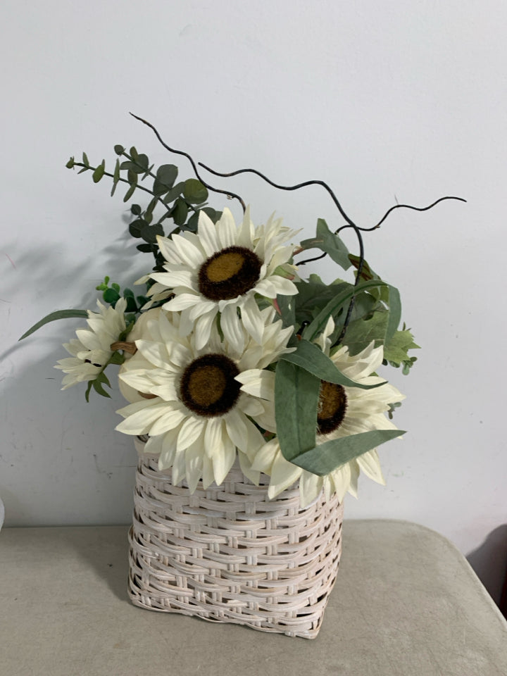 WHITE WASHED BASKET W/ WHITE SUNFLOWERS PUMPKINS BOUQUET.