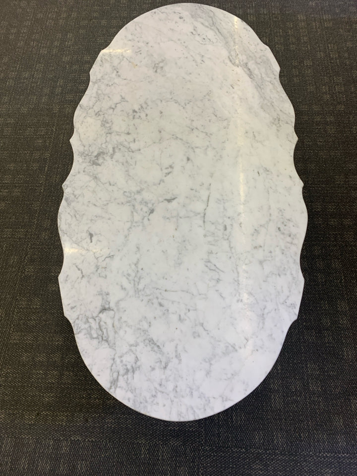 MARBLE OVAL TABLE W/ CLAW FOOT WOOD BASE.