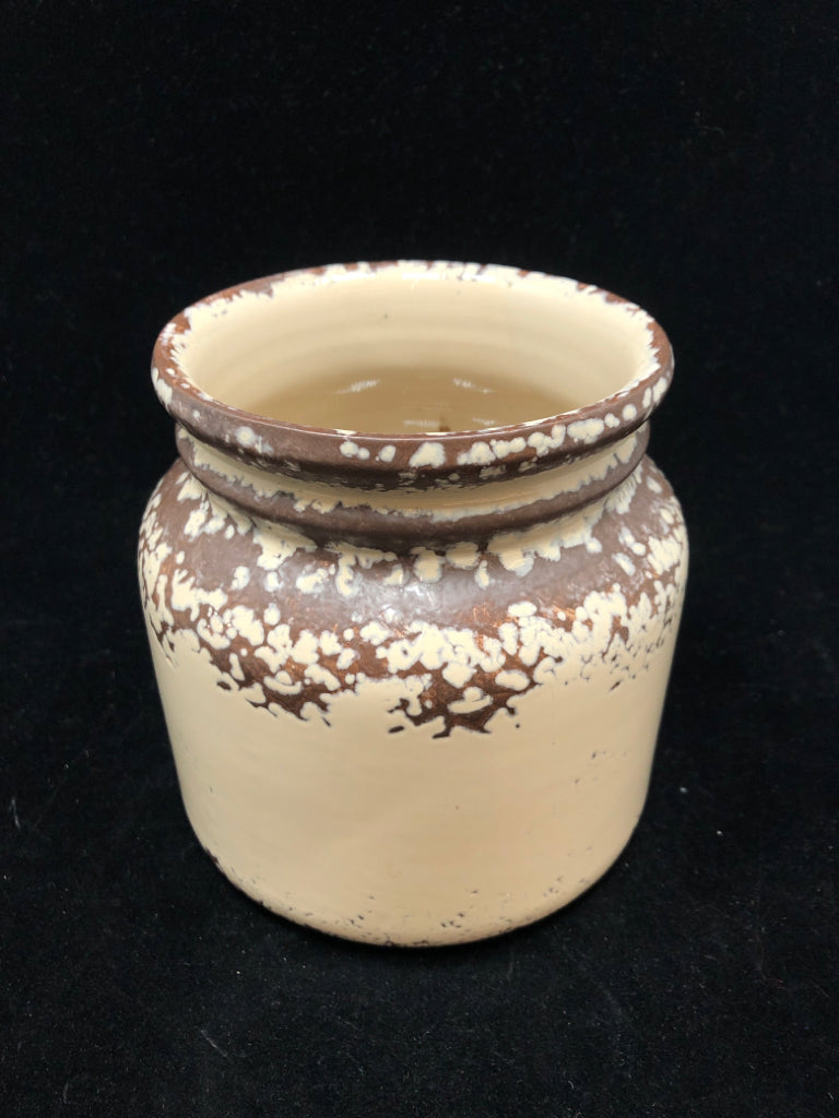 RUSTIC CERAMIC JAR BEIGE BROWN CRACKLE.