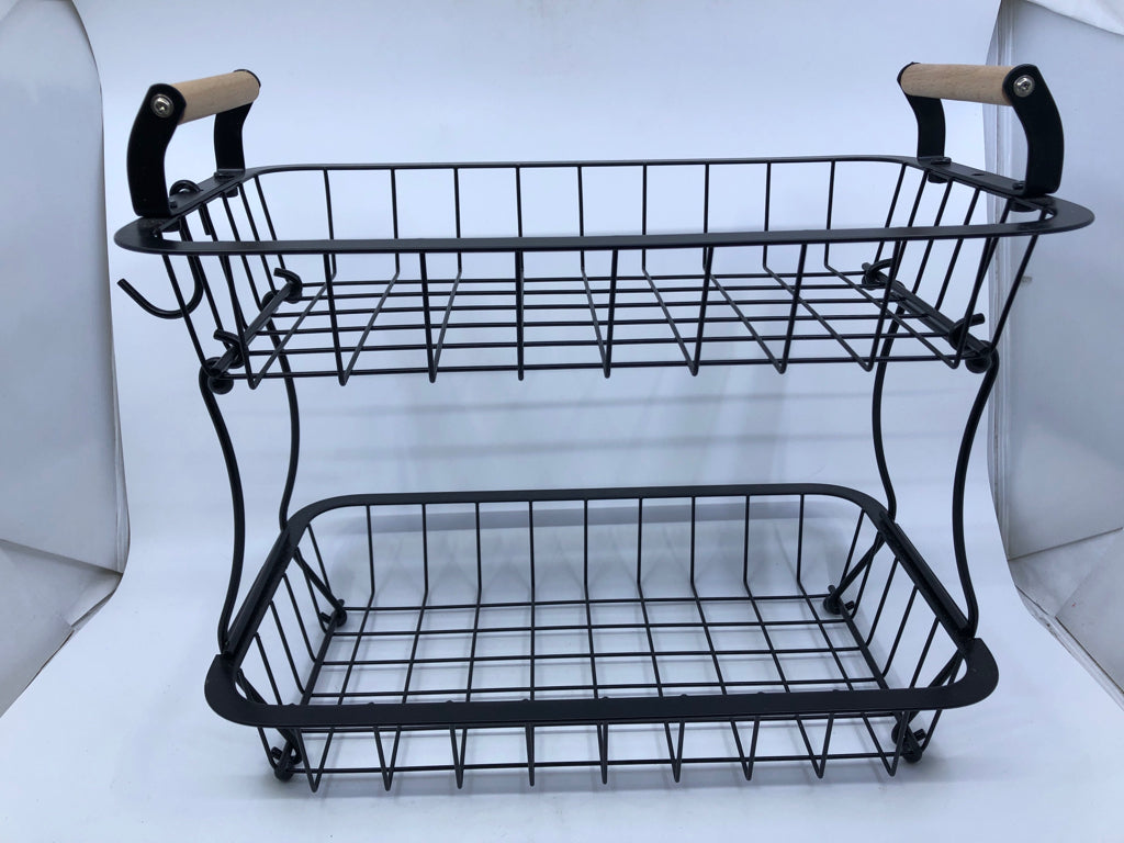 BLACK WIRE 2 TIER FRUIT HOLDER W/WOOD HANDLES & BANANA HOOK.