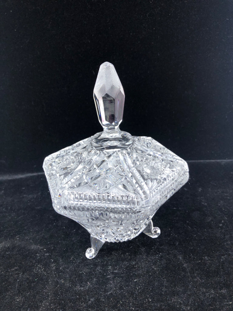 CUT GLASS FOOTED CANDY DISH W LID.