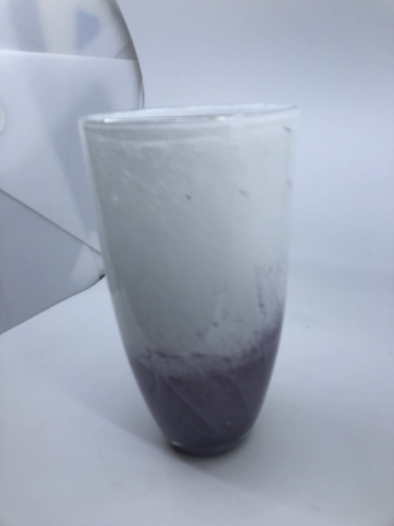 LARGE GLASS WHITE AND PURPLE VASE.