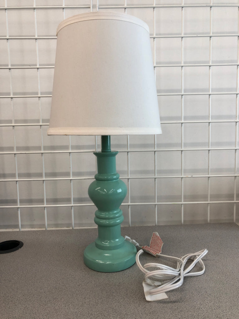 TEAL LAMP W/WHITE SHADE.