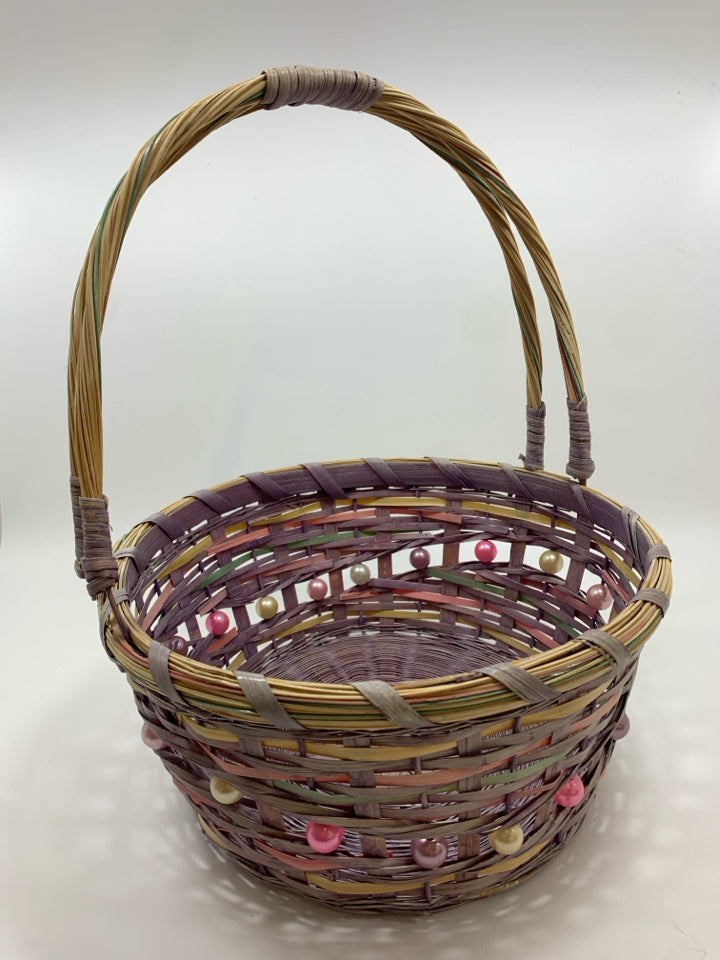 PURPLE BEADED BASKET W/WOVEN HANDLE.