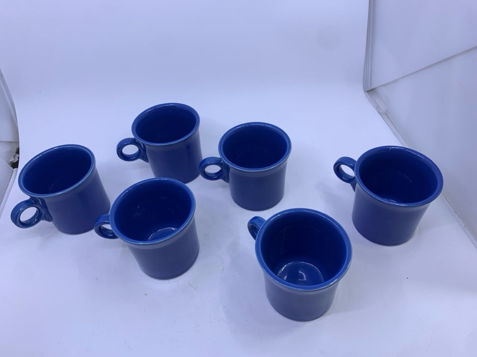 6 FIESTA WARE BLUE MUGS W RING HANDLE.