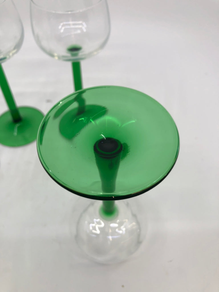 4 SMALL GREEN STEM WINE GLASSES.