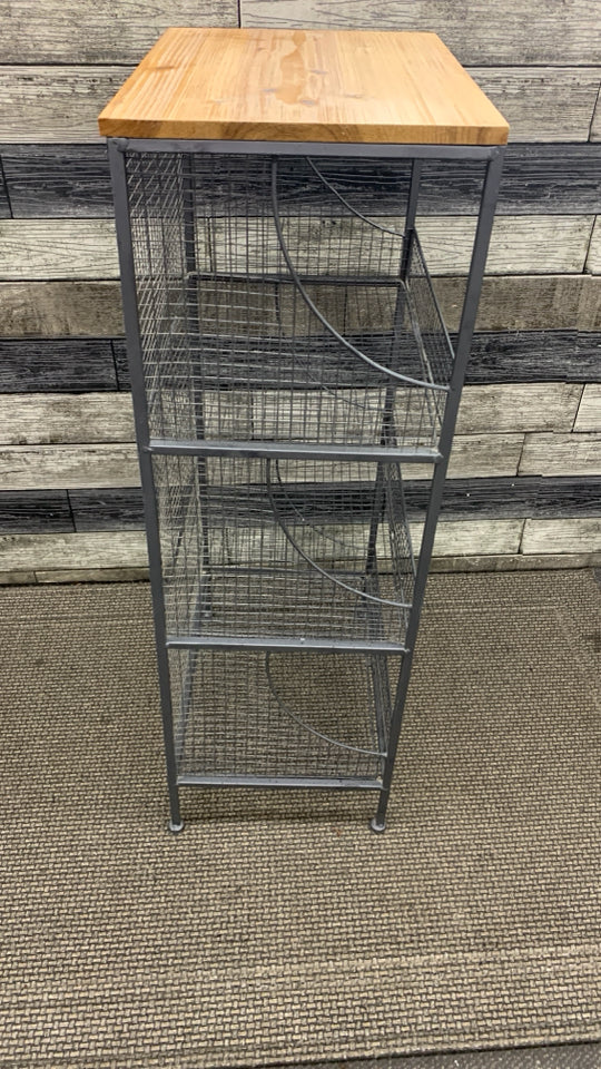 3-CUBBIE METAL SHELF W/WOOD TOP.