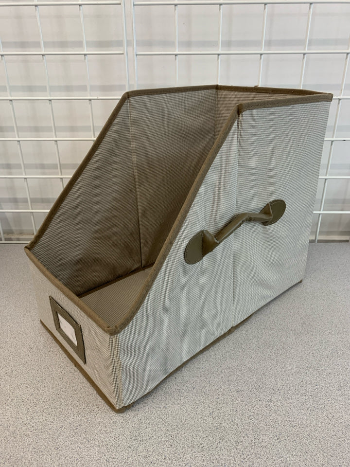 BROWN FABRIC FOLDABLE LETTER STORAGE BIN.
