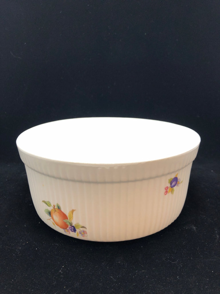 SOUFFLE PORCELAIN DISH W/FRUIT DESIGNS.
