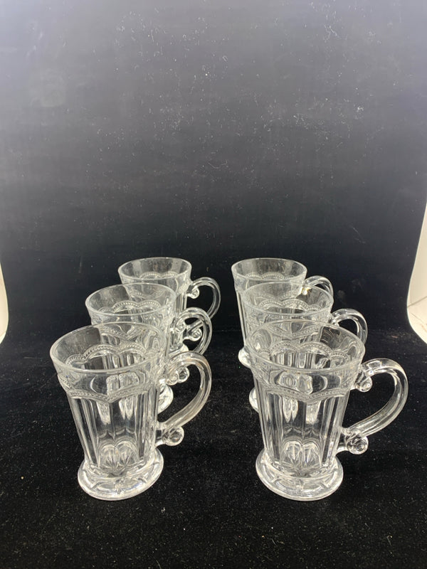 6 HEAVY GLASS DECORATIVE MUGS.