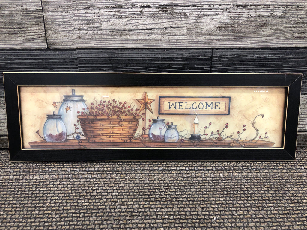 PRIMITIVE "WELCOME" IN BLACK FRAME WALL HANGING.