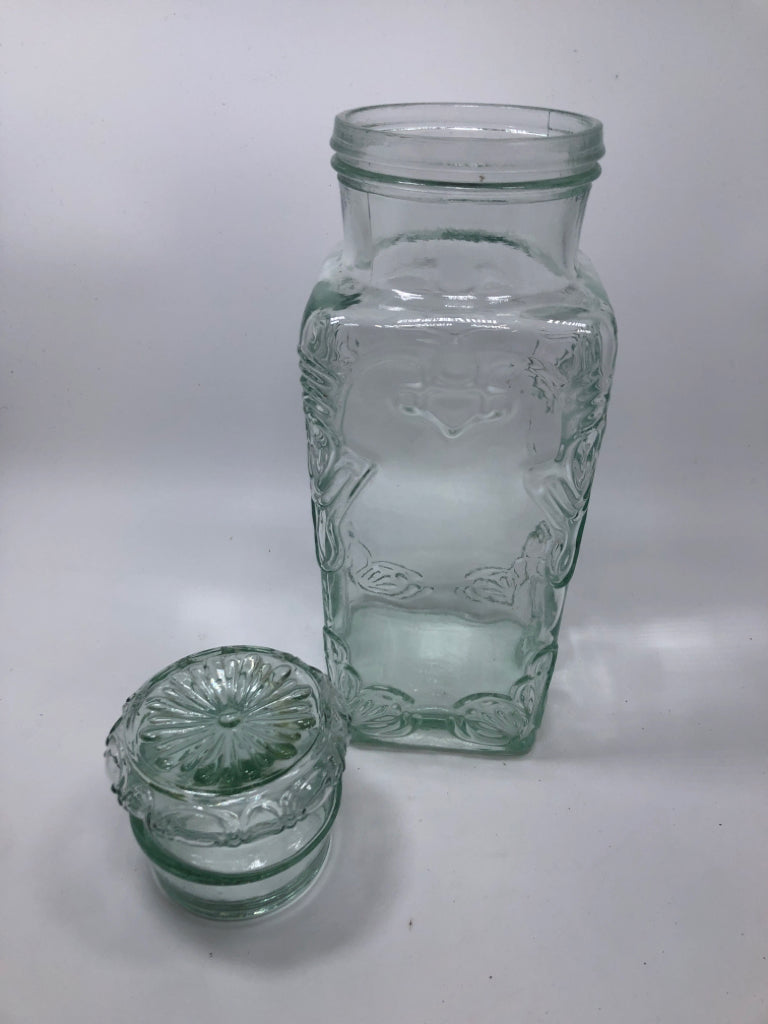 ORNATE EMBOSSED GREEN GLASS CANISTER W/LID.