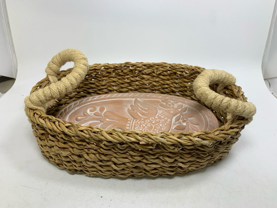 TERRA COTTA EMBOSSED DOVE OVAL BREAD BRICK W/ WOVEN BASKET.
