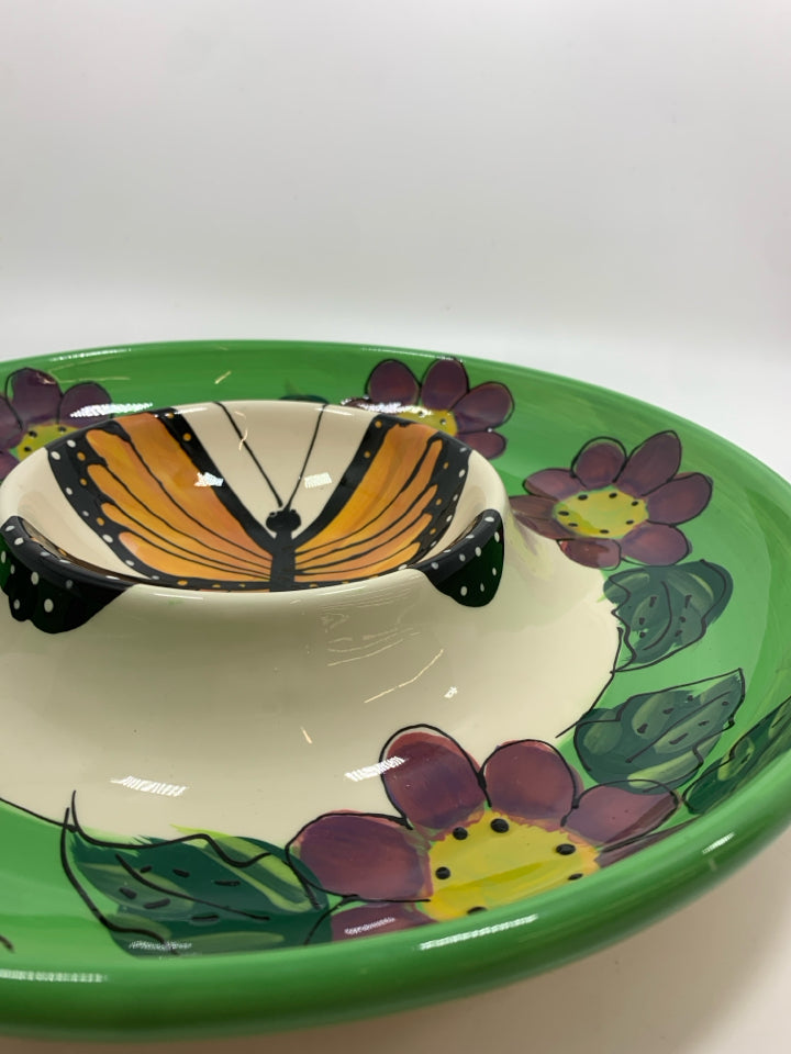 BUTTERFLY AND FLOWER PAINTED CHIP N DIP CERAMIC DISH.