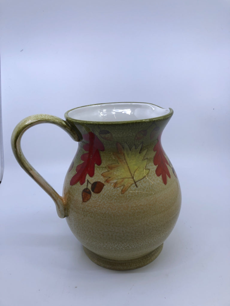 GREEN CERAMIC PITCHER W/ LEAVES/ACORNS.