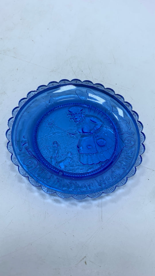 VTG BLUE GLASS CUP PLATE "OLD MOTHER WEST WIND".
